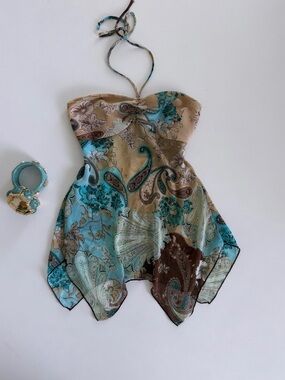 VINTAGE Turquoise & Brown Paisley Strapless Handkerchief Hem Top